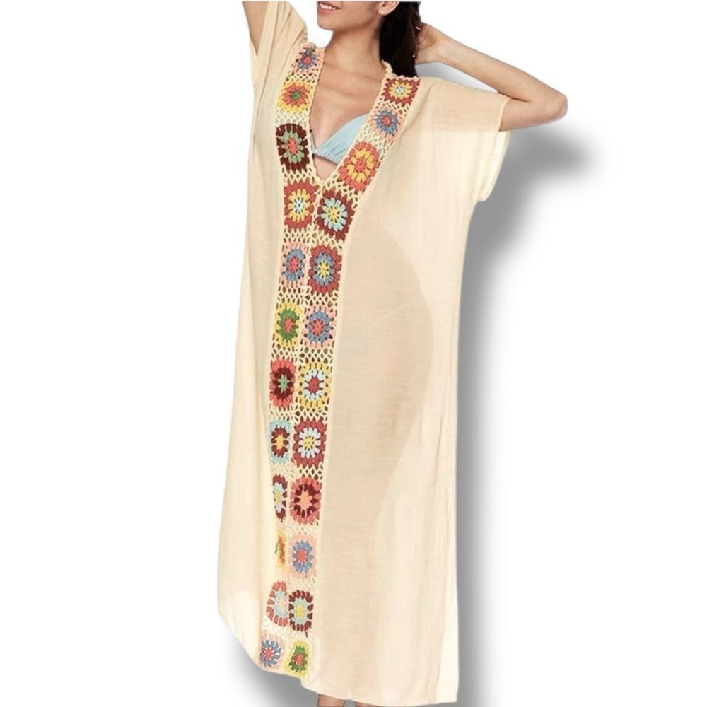 Boho Crochet Granny Square Maxi Cover Up Dress NWT